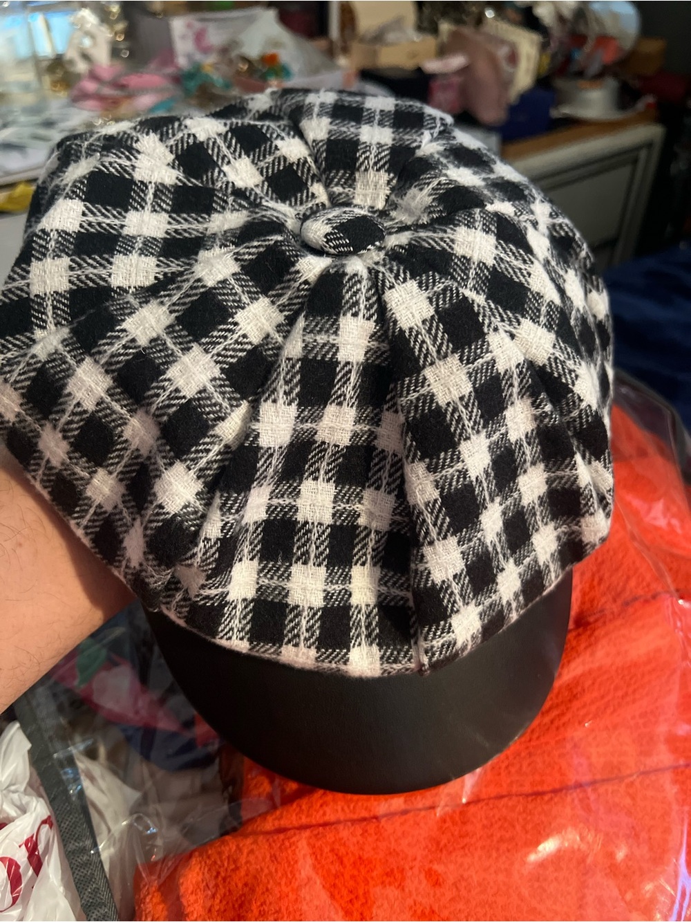 Black & White Gingham Newsboy Cap with Black Brim - Picture 4 of 4